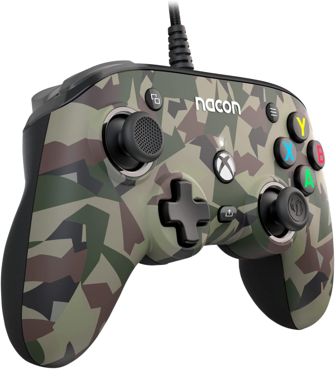 Nacon Pro Compact Wired Controller for Xbox and PC shown from a three-quarter angle, featuring forest camouflage artwork, textured analogue sticks and colourful ABXY buttons.