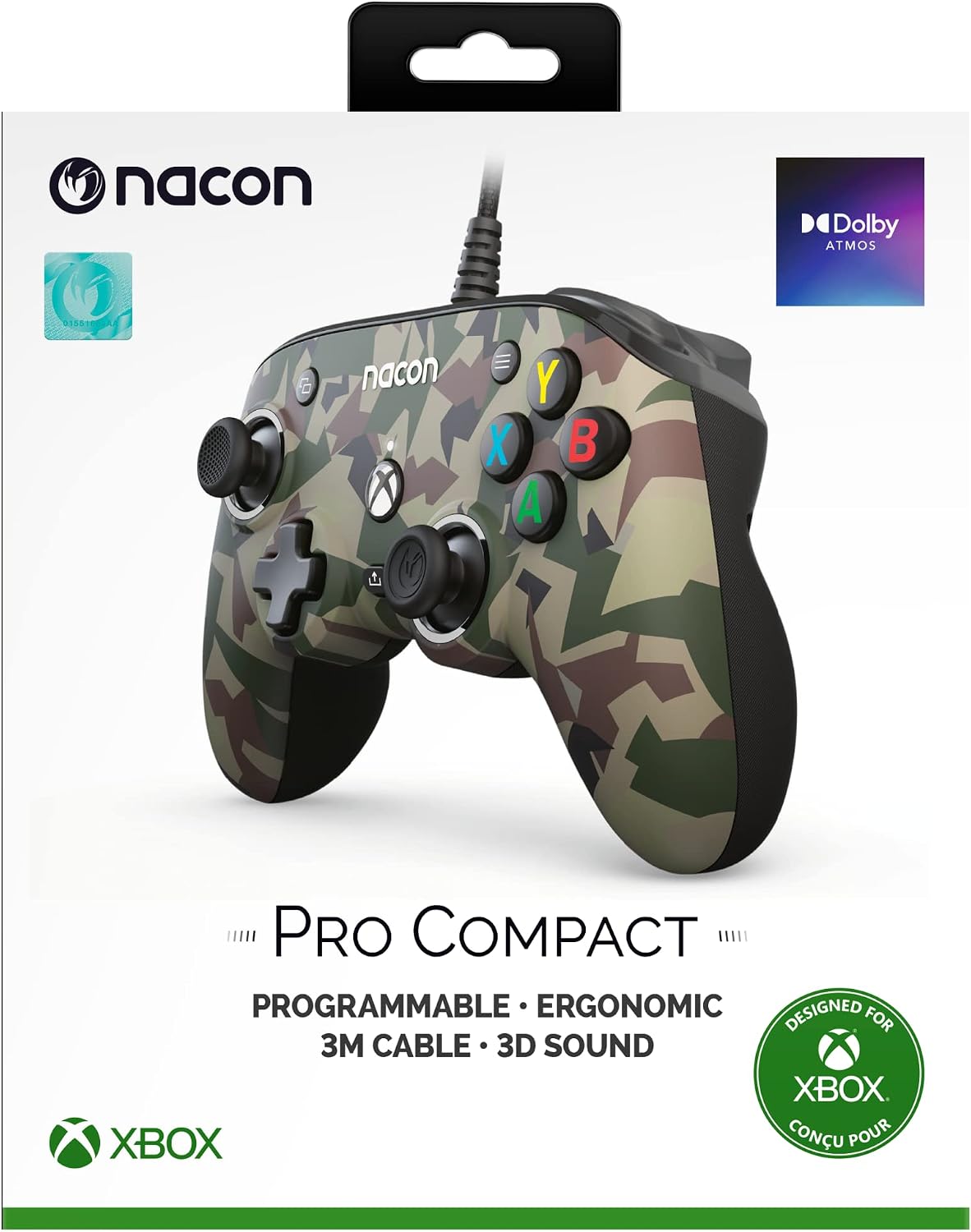 Nacon Pro Compact Forest Camo Wired Controller in official Xbox retail packaging, showing the camouflage controller, Nacon branding and Xbox compatibility information.