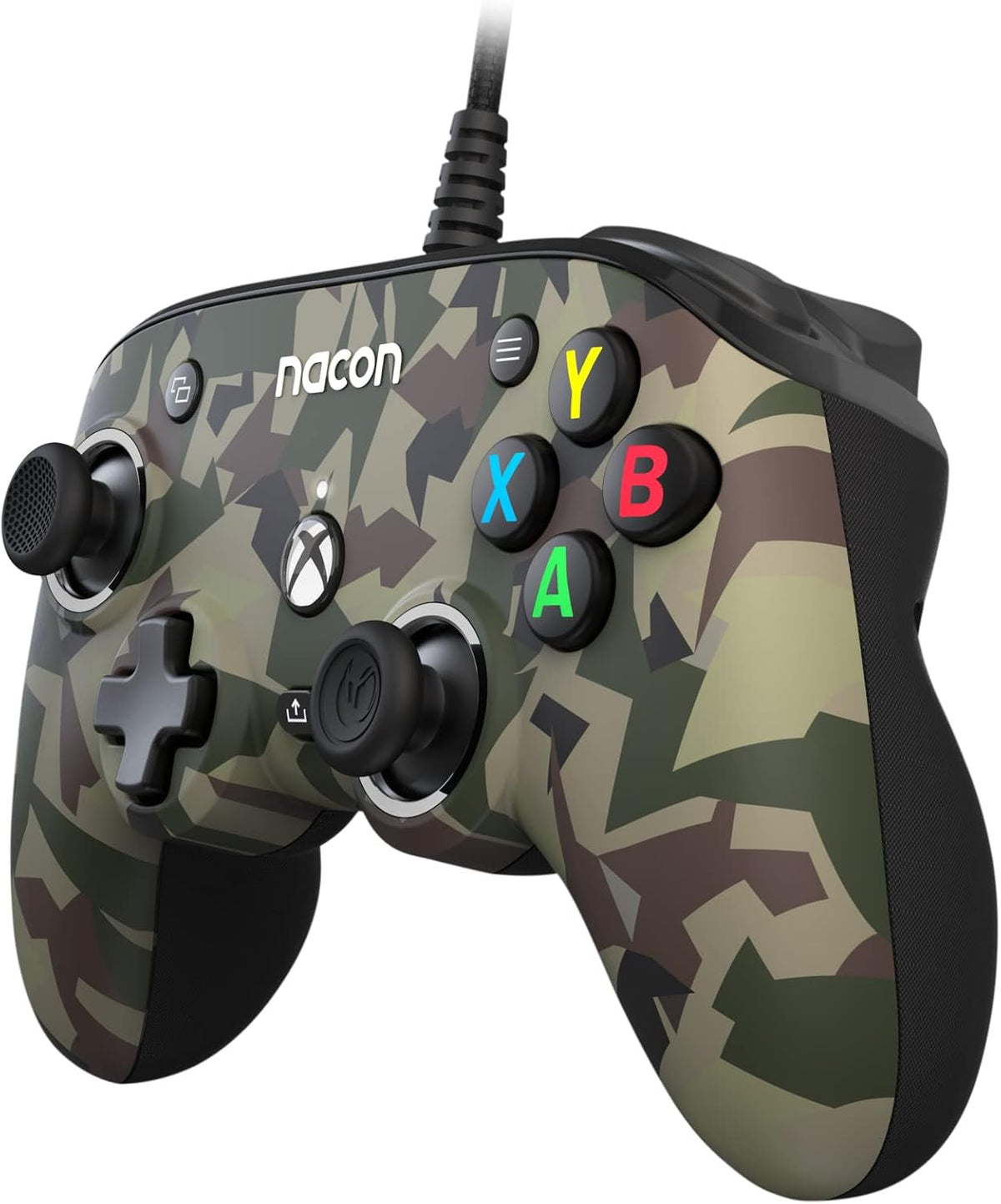 Nacon Pro Compact Forest Camo wired Xbox controller shown at an angle, highlighting its green and brown camouflage design, ergonomic grips and compact button layout.