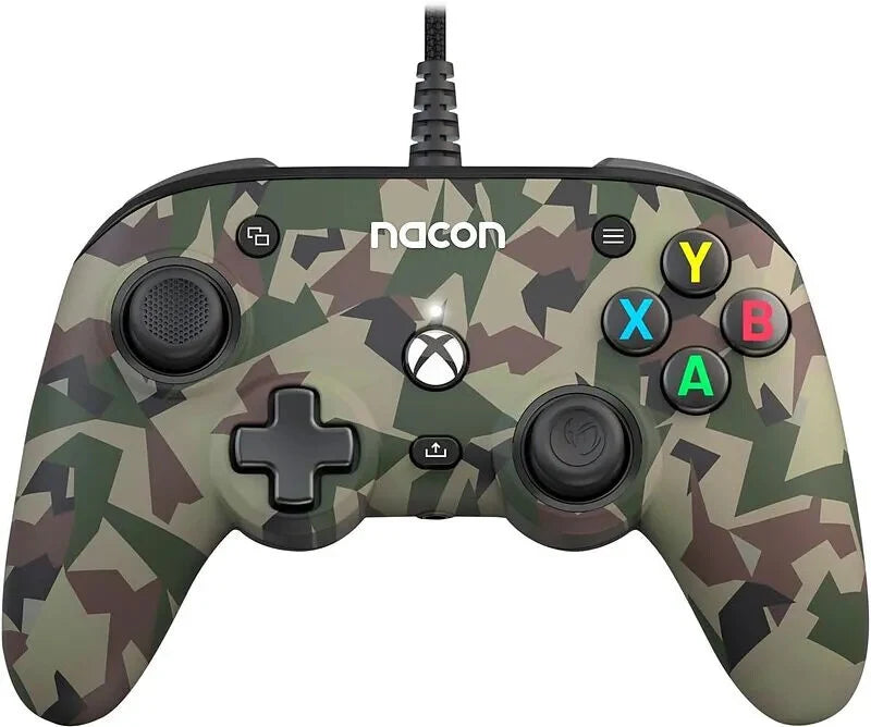 Nacon Pro Compact Wired Controller in Forest Camo for Xbox Series X|S, Xbox One and PC, front view showing green camouflage casing, offset analogue sticks and Xbox buttons.