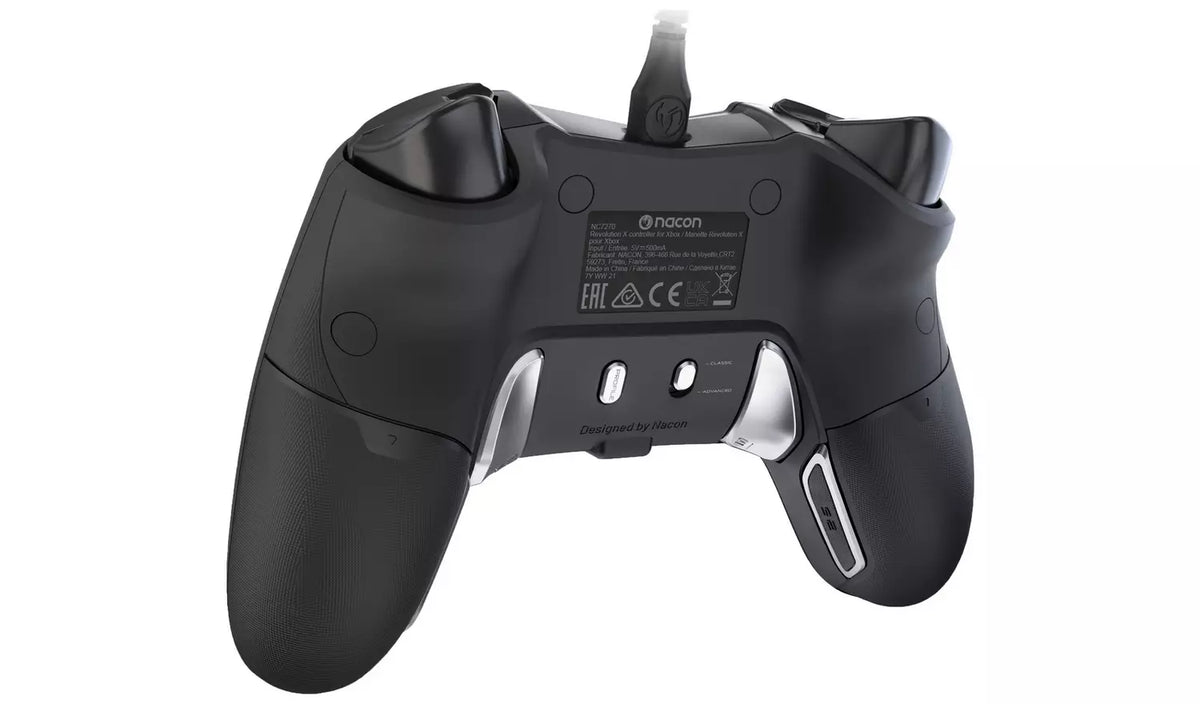 Back view of the Nacon Revolution X Pro Wired Controller for Xbox and PC, displaying its curved ergonomic handles, rear shortcut buttons and textured black finish.