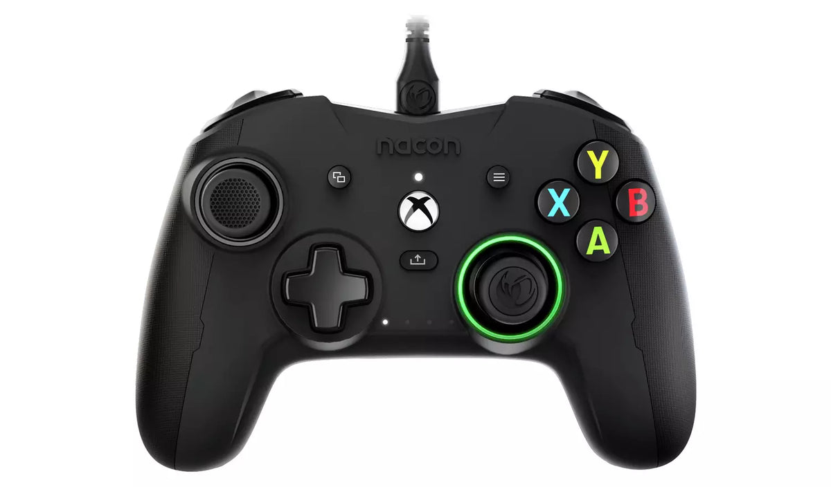 Nacon Revolution X Pro Wired Controller for Xbox Series X|S, Xbox One and PC, front view showing black casing, offset analogue sticks, green detailing and Xbox buttons.