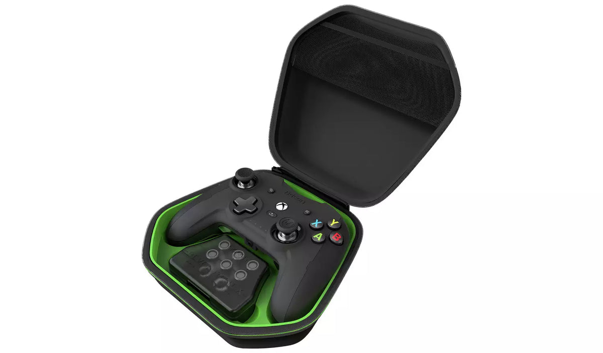 Nacon Revolution X Pro controller customisation kit displayed in its open storage case, showing interchangeable thumbstick components and adjustment accessories.
