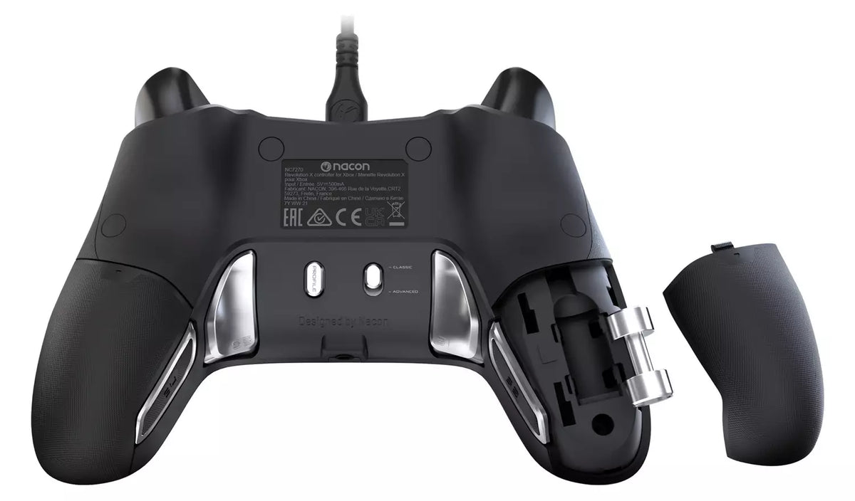Nacon Revolution X Pro Xbox controller shown from behind with one removable grip cover detached, revealing the internal compartment for adjustable controller weights.