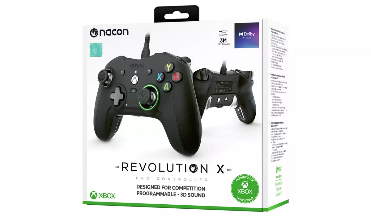 Nacon Revolution X Pro Wired Controller in Black, shown in official Xbox retail packaging with the controller, accessories and Xbox Series X|S compatibility branding.