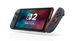 Nintendo Switch 2 256GB console in handheld mode, showing its 7.9-inch display with attached black Joy-Con 2 controllers and blue and orange accents.