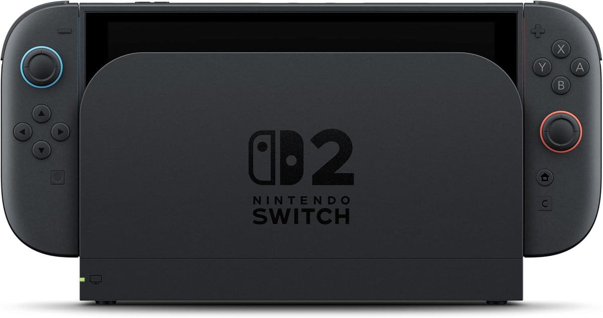 Nintendo Switch 2 console with Joy-Con 2 controllers positioned behind the Nintendo Switch 2 dock