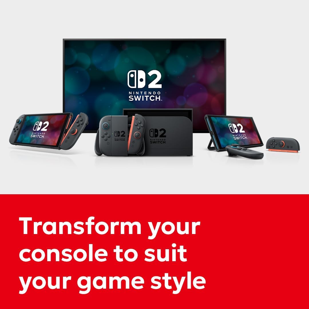 Nintendo Switch 2 console shown in handheld, tabletop and TV play modes