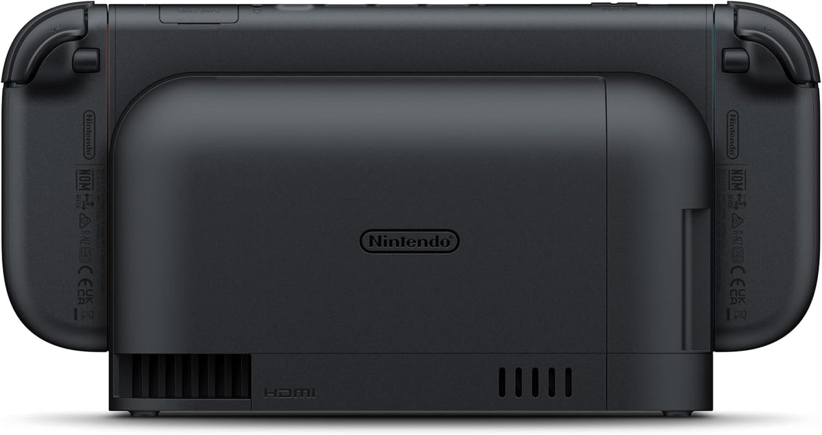 Rear view of Nintendo Switch 2 console showing the back panel and attached Joy-Con 2 controllers