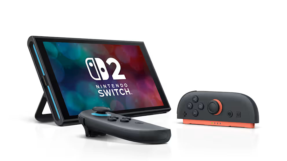 Nintendo Switch 2 console displayed in tabletop mode with its adjustable rear kickstand and detached Joy-Con 2 controllers for flexible gaming.