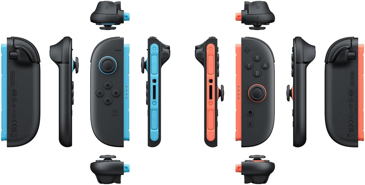 Nintendo Switch 2 Joy-Con 2 controller product illustration showing the left and right controllers, wrist straps and individual control components.