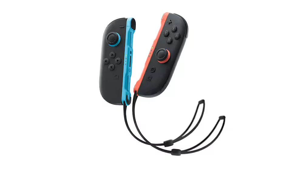 Nintendo Switch 2 left and right Joy-Con 2 controllers in black with blue and orange accents, displayed with matching wrist strap accessories.