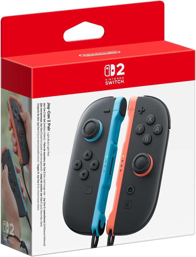 Official Nintendo Switch 2 Joy-Con 2 Controller Pair in Light Blue and Light Red retail packaging, showing both controllers with Nintendo branding.