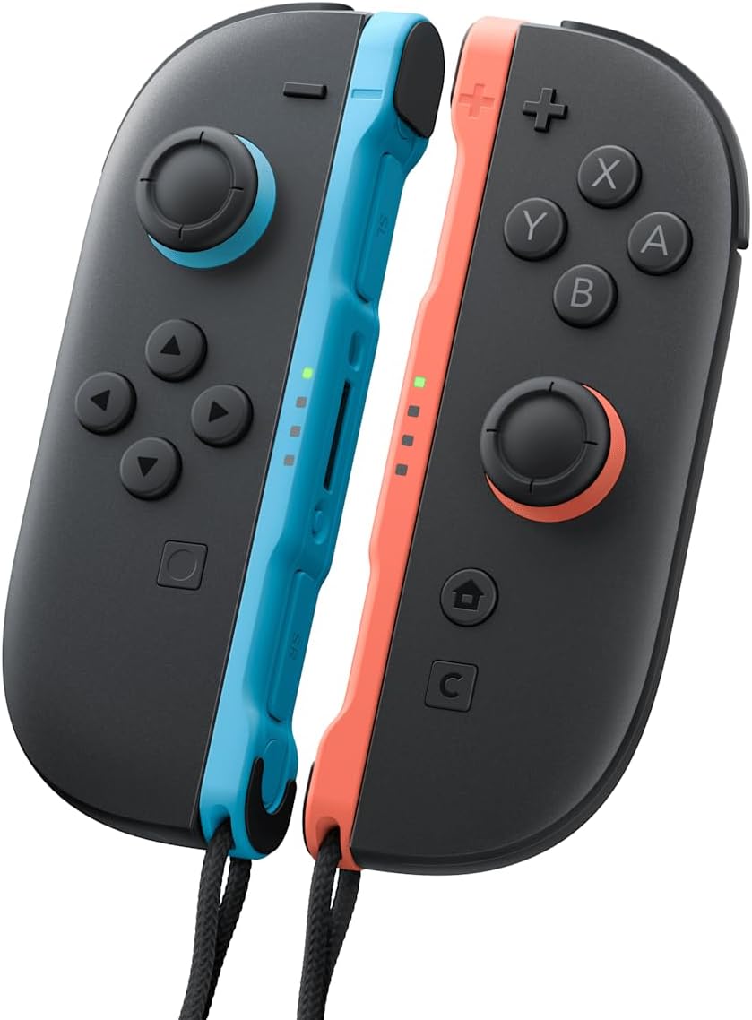 Nintendo Switch 2 Joy-Con 2 controllers in Light Blue and Light Red attached to the console, showing their magnetic connection and contrasting colour accents.