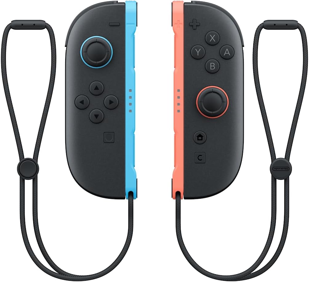 Nintendo Switch 2 Light Blue and Light Red Joy-Con 2 controllers displayed with their wrist strap accessories, showing the button layout and controller design.