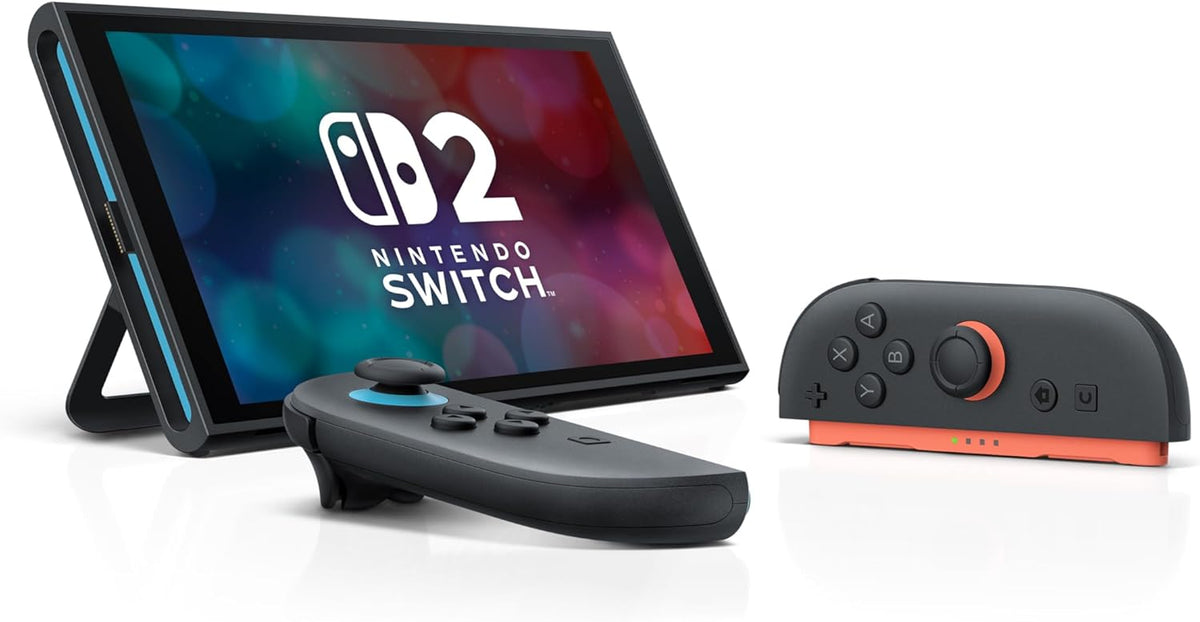 Nintendo Switch 2 in tabletop mode with detached Joy-Con 2 controllers