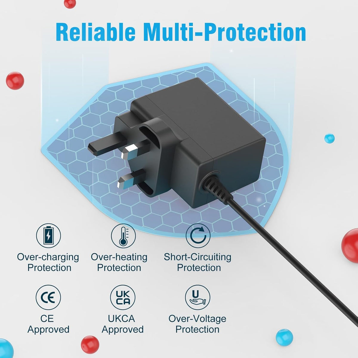 Nintendo Switch AC adapter graphic showing overcharge, overheating, short circuit and over-voltage protection