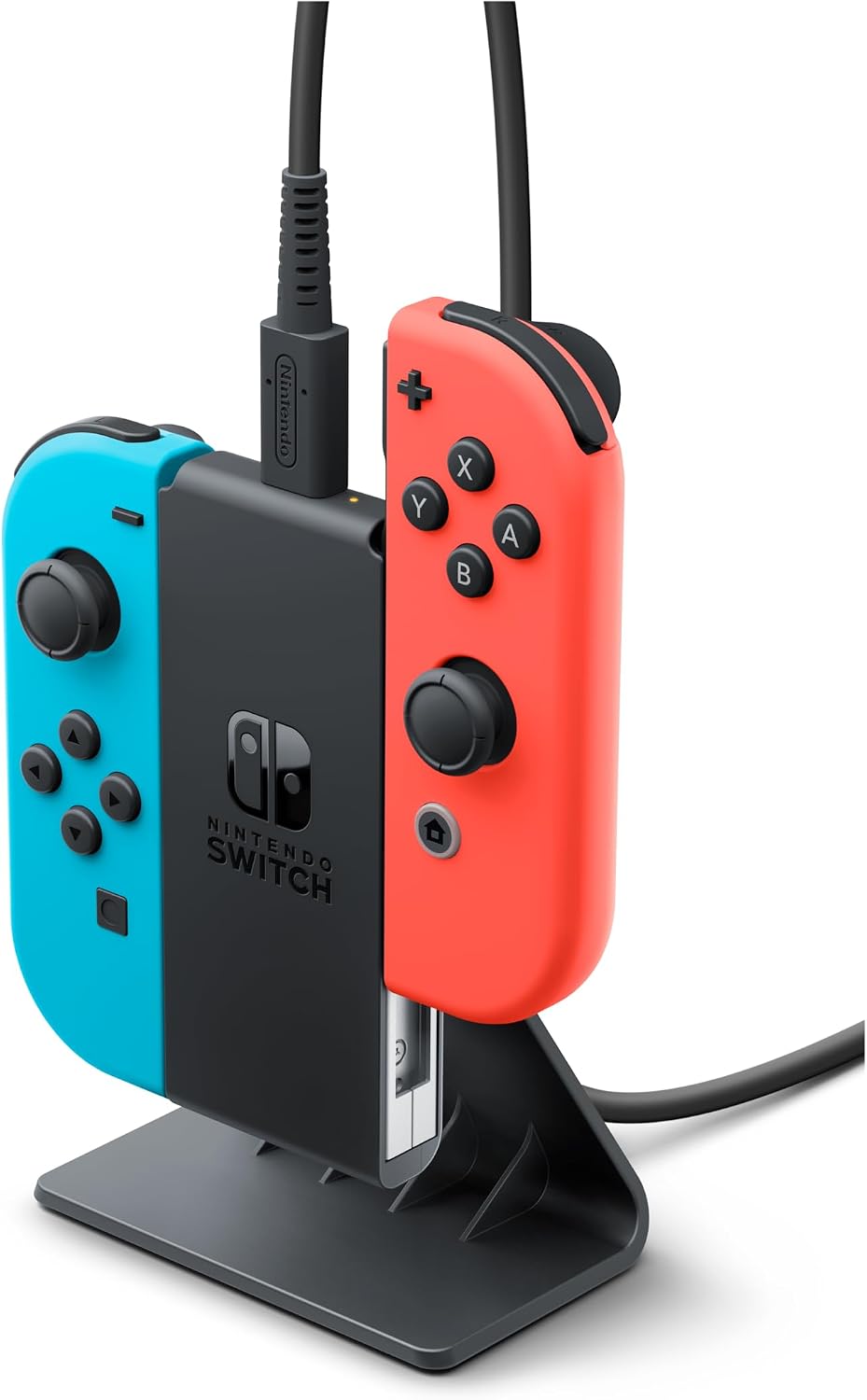 Nintendo Switch Joy-Con Charging Stand Two-Way with Neon Blue and Neon Red Joy-Con controllers attached, demonstrating the upright charging position.