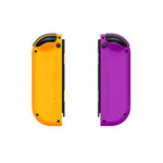 Rear view of the official Nintendo Switch Neon Orange and Neon Purple Joy-Con controllers, showing their colourful back casings and black shoulder buttons.