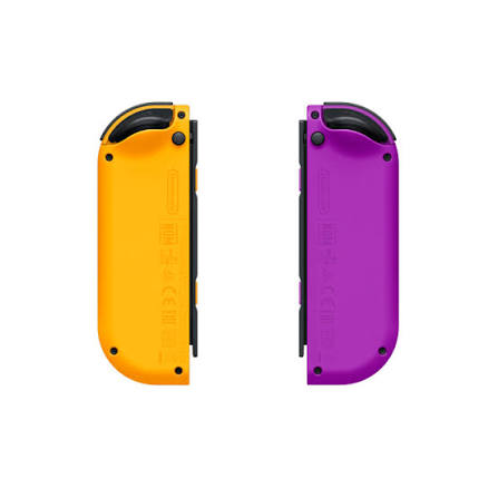 Rear view of the official Nintendo Switch Neon Orange and Neon Purple Joy-Con controllers, showing their colourful back casings and black shoulder buttons.