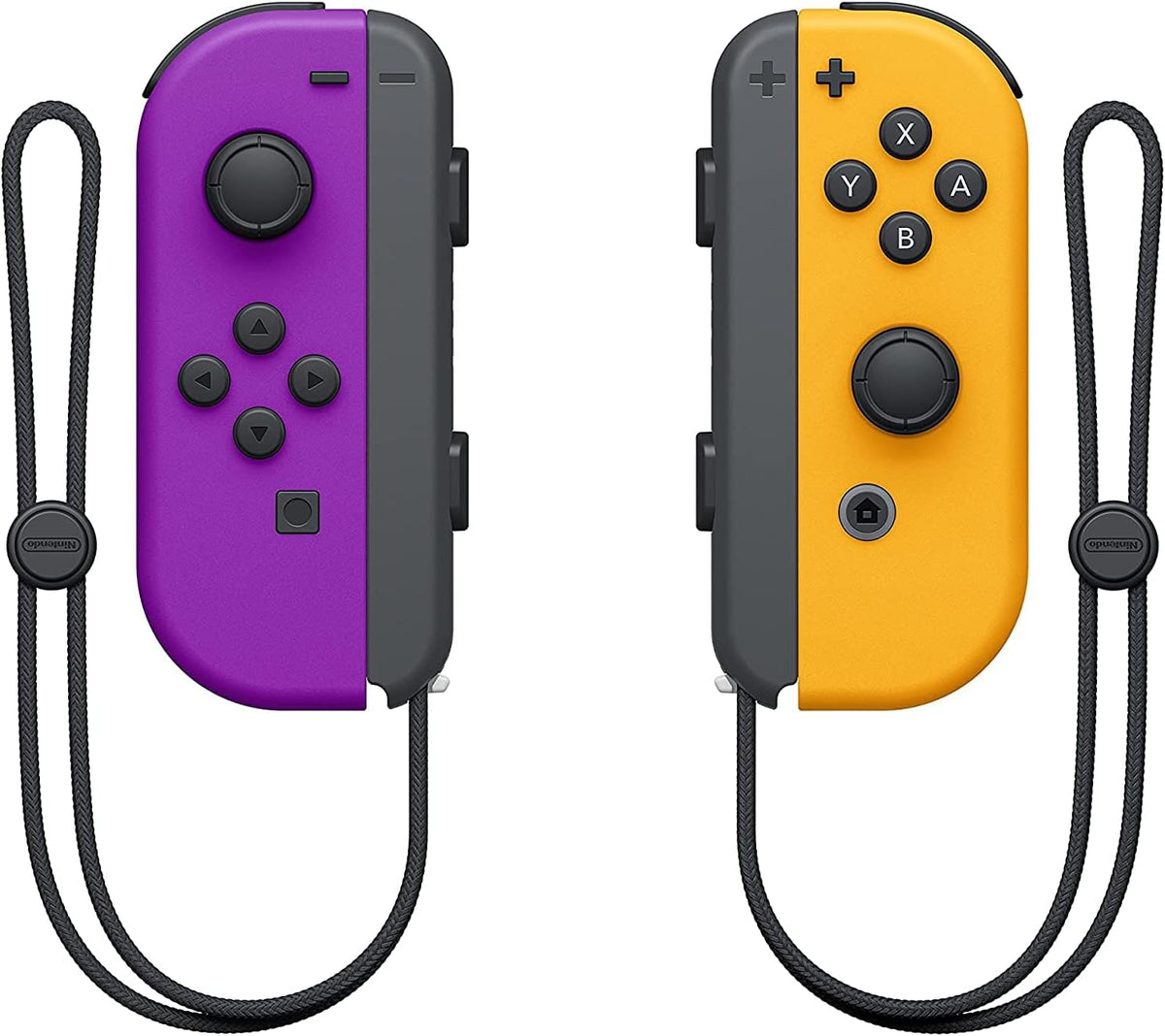 Official Nintendo Switch Joy-Con controller pair in Neon Purple and Neon Orange, front view showing the analogue sticks, gaming buttons and attached black wrist straps.