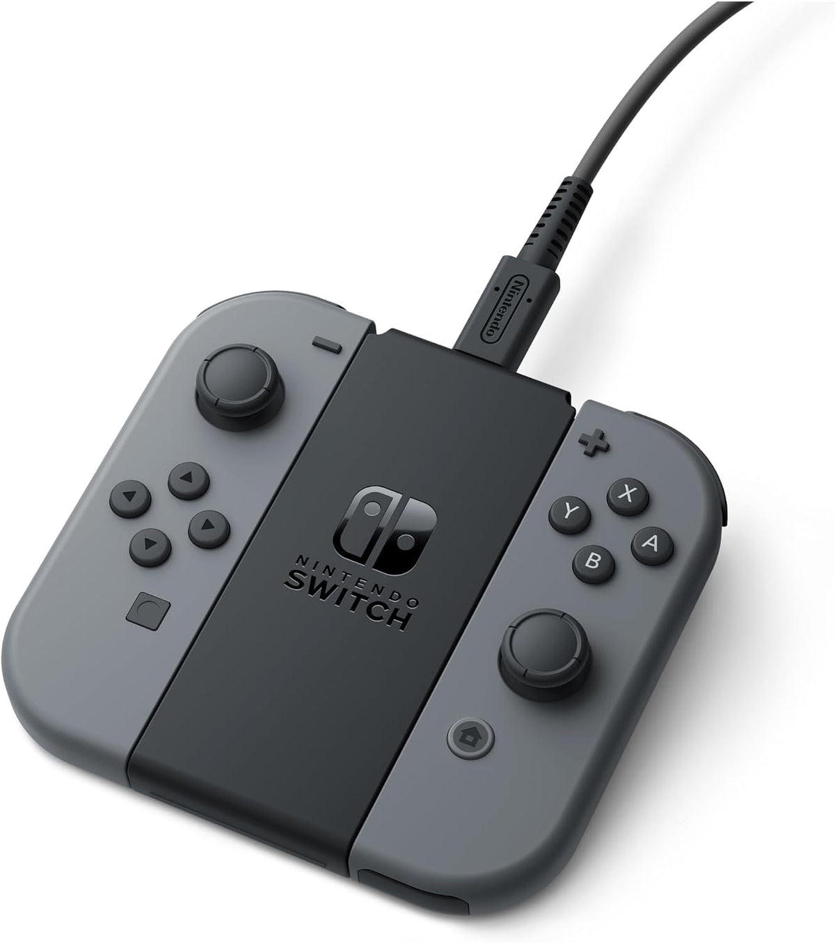 Nintendo Switch Joy-Con Charging Stand Two-Way shown with compatible grey NES wireless controllers, demonstrating the stand's additional charging functionality.