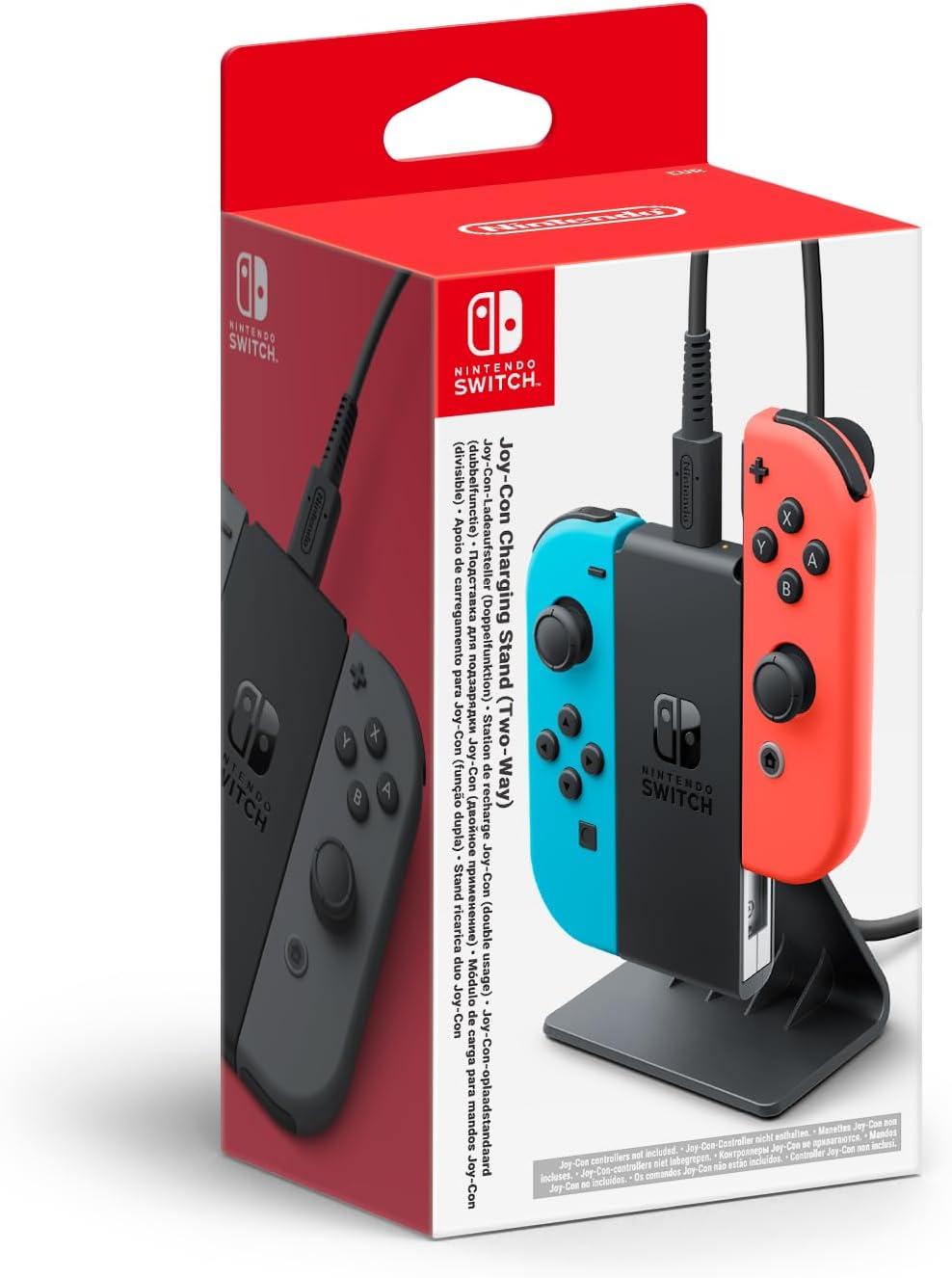 Official Nintendo Switch Joy-Con Charging Stand Two-Way in retail packaging, showing the black charging stand with Neon Blue and Neon Red Joy-Con controllers.