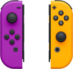 Nintendo Switch Neon Purple left Joy-Con and Neon Orange right Joy-Con controllers, front view showing their colourful casings, analogue sticks and button layouts.