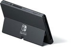 Rear view of the Nintendo Switch OLED console showing its black back panel, Nintendo Switch logo and wide adjustable kickstand for tabletop gaming.