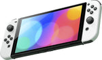 Nintendo Switch OLED 64GB White console shown in handheld mode, featuring the 7-inch OLED screen, white Joy-Con controllers and colourful display.