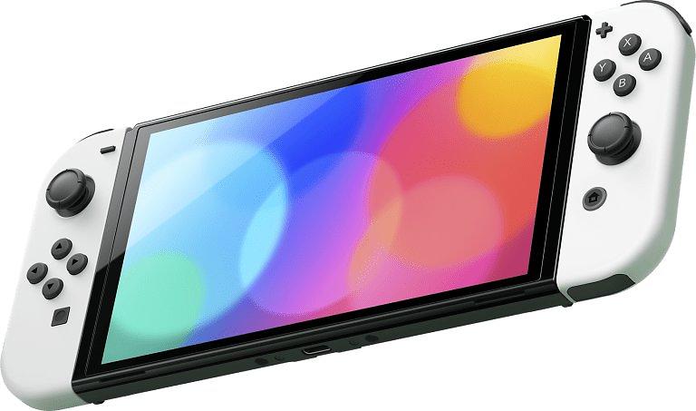 Nintendo Switch OLED 64GB White console shown in handheld mode, featuring the 7-inch OLED screen, white Joy-Con controllers and colourful display.