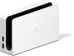 Official Nintendo Switch OLED Model TV dock in White, showing its curved front panel, black side detailing and Nintendo Switch branding.