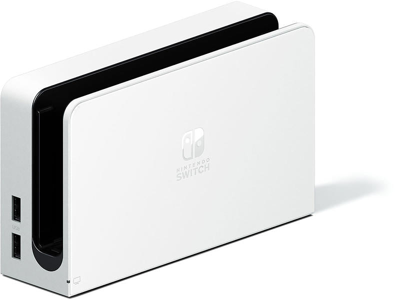 Official Nintendo Switch OLED Model TV dock in White, showing its curved front panel, black side detailing and Nintendo Switch branding.