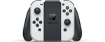 Nintendo Switch OLED White Joy-Con controllers attached to the official Joy-Con Grip, showing the analogue sticks, gaming buttons and black grip handles.