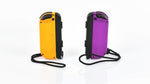 Nintendo Switch Neon Orange and Neon Purple Joy-Con controllers displayed upright with their black wrist strap accessories attached, showing the compact controller design.