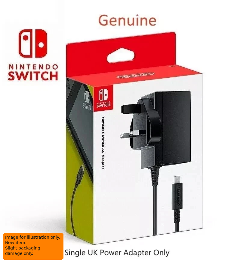 Official Nintendo Switch AC Adapter with UK 3-pin plug, USB-C cable and retail packaging