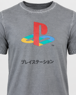 Grey Official PlayStation Japanese Logo T-Shirt showing the multicolour PlayStation chest graphic and Japanese lettering