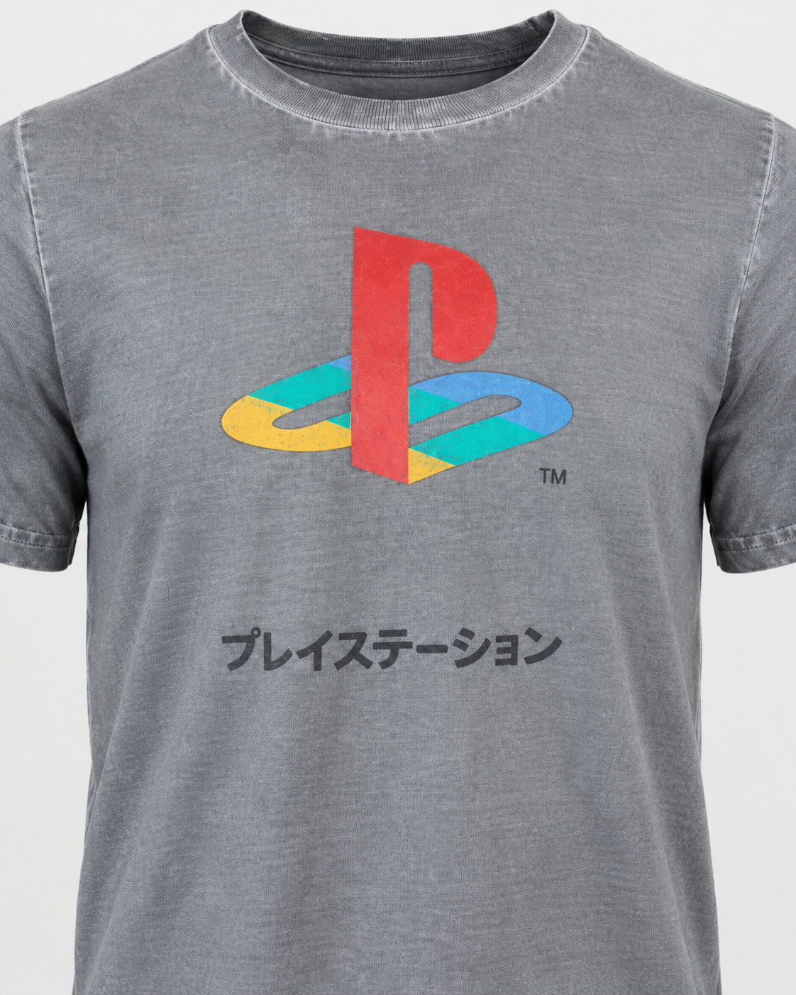 Grey Official PlayStation Japanese Logo T-Shirt showing the multicolour PlayStation chest graphic and Japanese lettering