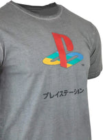 Close-up of the grey Official PlayStation Japanese Logo T-Shirt showing the classic multicolour PlayStation logo and Japanese text