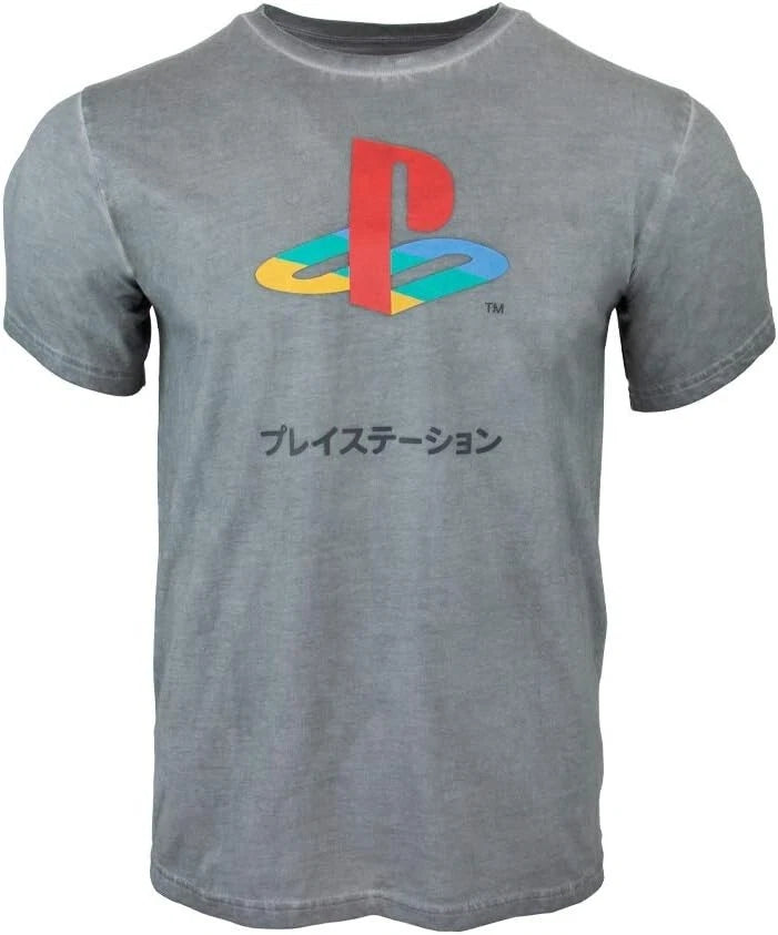 Official PlayStation Japanese Logo T-Shirt in grey, front view showing the classic multicolour PlayStation logo and Japanese text