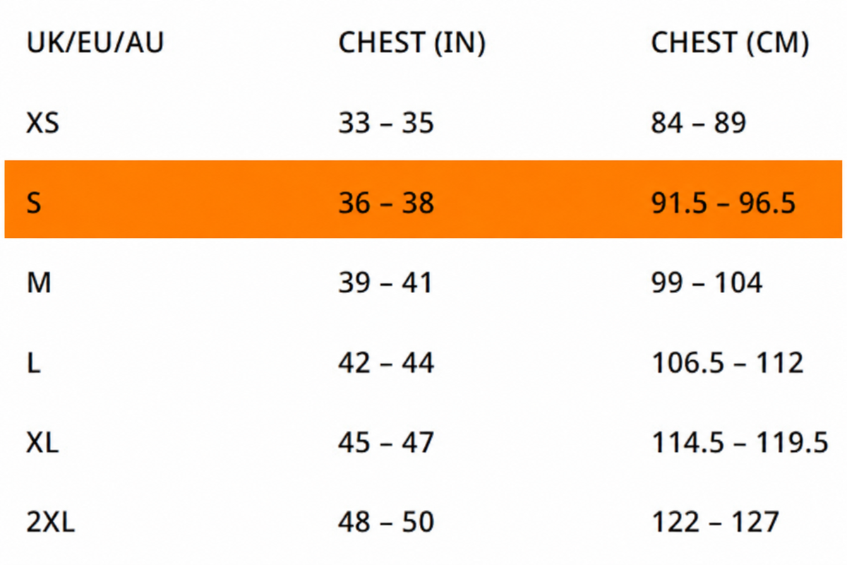 Size guide for the Official PlayStation Japanese Logo T-Shirt showing chest measurements, with Small highlighted at 36–38 inches or 91.5–96.5 cm