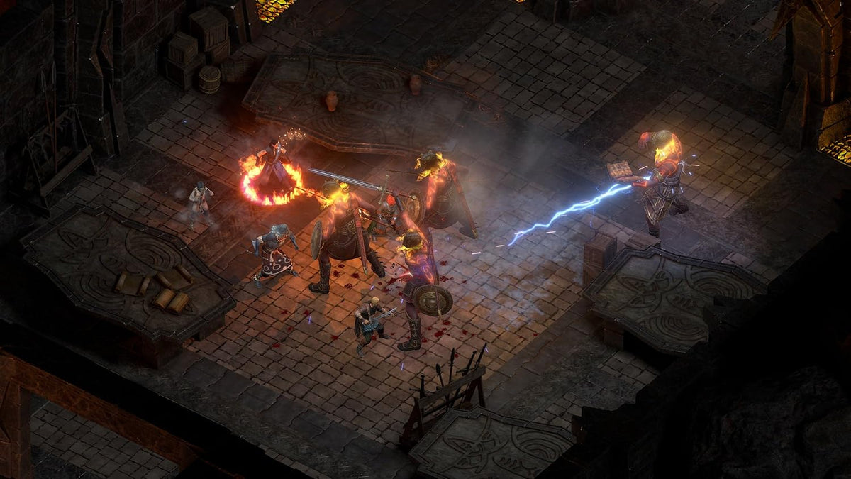 Pillars of Eternity II Deadfire Xbox One combat screenshot showing characters battling enemies in a stone dungeon using fiery magic and blue lightning attacks.
