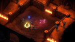 Pillars of Eternity II Deadfire Xbox One gameplay featuring a tactical RPG battle inside a firelit stone chamber with colourful magical spell effects.