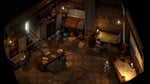 Pillars of Eternity II Deadfire Xbox One gameplay showing an isometric view of a detailed wooden interior with characters, furniture and warm candlelight.