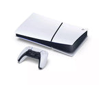PlayStation 5 Slim Digital Edition 825GB in white shown horizontally with a DualSense wireless controller