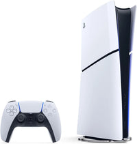 PlayStation 5 Slim Digital Edition 1TB console in white shown vertically with the included DualSense wireless controller