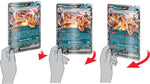 Graphic showing a hand tilting the Dracaufeu ex card through three angles, with red arrows indicating movement