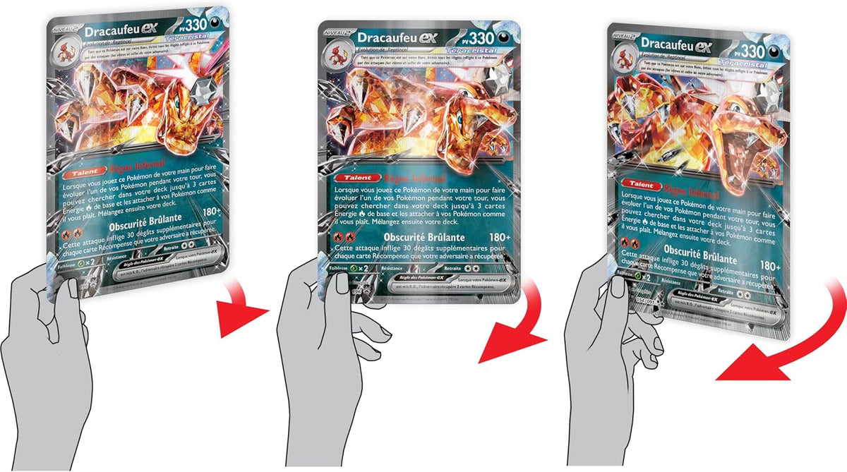 Graphic showing a hand tilting the Dracaufeu ex card through three angles, with red arrows indicating movement