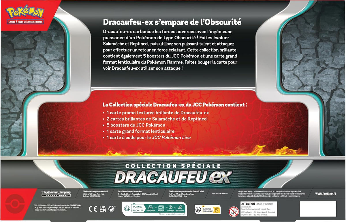 Back of the French Dracaufeu ex Special Collection box showing product information and a red text panel