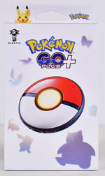 Pokémon GO Plus + official retail packaging featuring the Poké Ball-inspired Bluetooth accessory, Pokémon GO branding and colourful Pokémon silhouettes.
